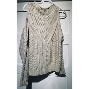 COZY CASUAL Cable-Knit Cold Shoulder Embellish Sweater Cream S/M